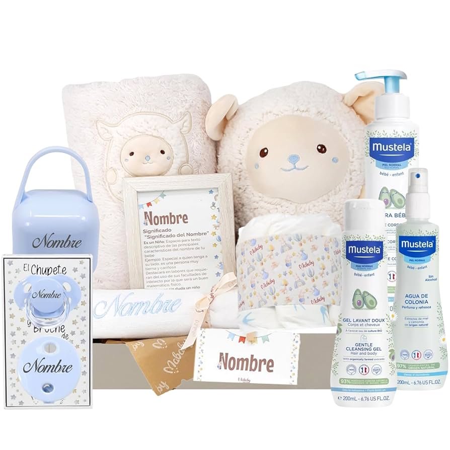 Cesta basica para el bebe, chupete, manta y babero